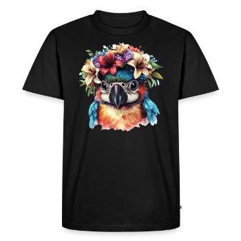 Perroquet avec couronne de fleurs - T-shirt Premium bio Homme - noir - Devant - Nico (187cm)