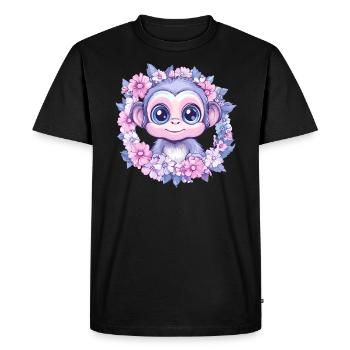 Mignon bébé singe dans une couronne de fleurs - T-shirt Premium bio Homme - noir - Devant - Nico (187cm)