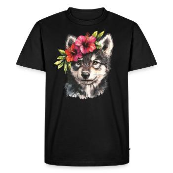 Husky with Hibiscus - Men's Premium Organic T-Shirt - black - Front - Nico (187cm)