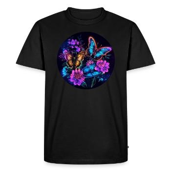 Papillons néon dans une mer de fleurs - T-shirt Premium bio Homme - noir - Devant - Nico (187cm)