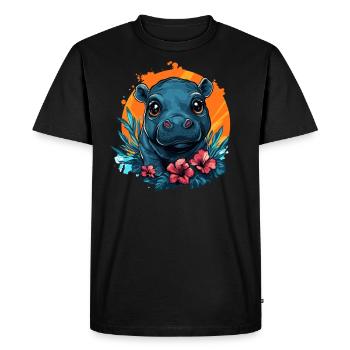 Baby Hippopotamus with Hibiscus - Men's Premium Organic T-Shirt - black - Front - Nico (187cm)