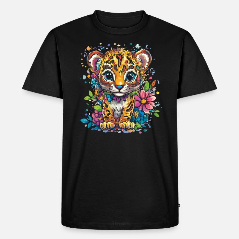 Kleiner Leopard mit Blumen - Männer Premium Bio T-Shirt - Schwarz