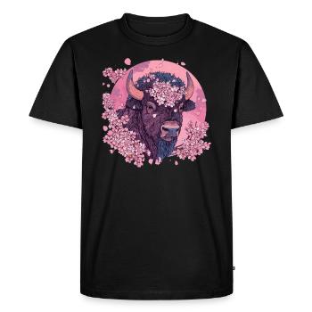 Bison avec couronne de fleurs de cerisier - T-shirt Premium bio Homme - noir - Devant - Nico (187cm)