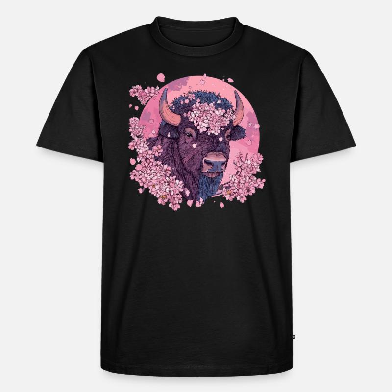 Bison mit Kirschblütenkranz - Männer Premium Bio T-Shirt - Schwarz