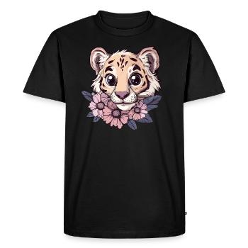 Tigre avec vue sur les fleurs - T-shirt Premium bio Homme - noir - Devant - Nico (187cm)