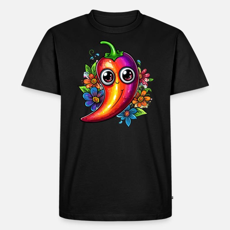 Bunte Chili mit Blumen - Männer Premium Bio T-Shirt - Schwarz