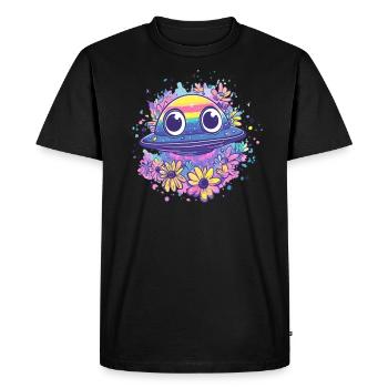UFO with flower wreath - Men's Premium Organic T-Shirt - black - Front - Nico (187cm)