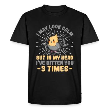 Peut avoir l’air calme vous mord - Cockatiel - T-shirt Premium bio Homme - noir - Devant - Nico (187cm)