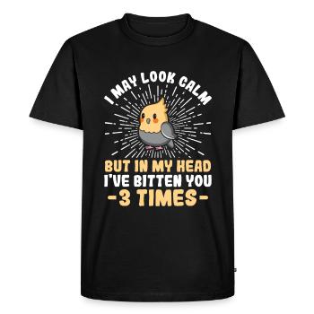 Peut avoir l’air calme vous mord - Cockatiel - T-shirt Premium bio Homme - noir - Devant - Nico (187cm)