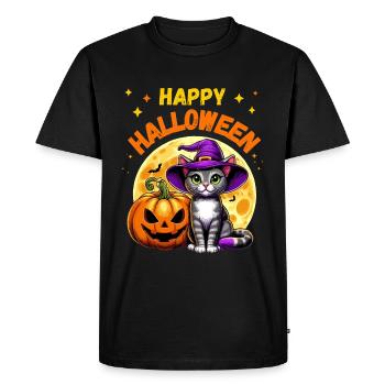 Cat with Witch Hat and Pumpkin Celebrates Halloween - Men's Premium Organic T-Shirt - black - Front - Nico (187cm)