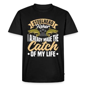 Steelhead Pêcheur Épouse Mariage Steelhead - T-shirt Premium bio Homme - noir - Devant - Nico (187cm)