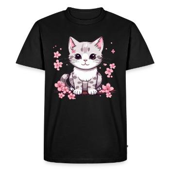 Chat mignon avec des fleurs de cerisier - T-shirt Premium bio Homme - noir - Devant - Nico (187cm)