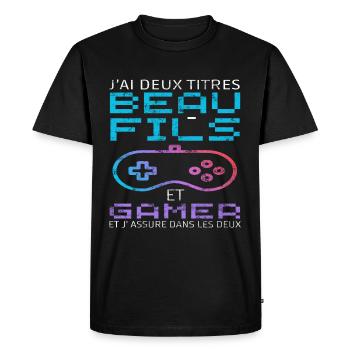 J' ai deux titres beau-fils et gamer cadeau gaming - T-shirt Premium bio Homme - noir - Devant - Nico (187cm)