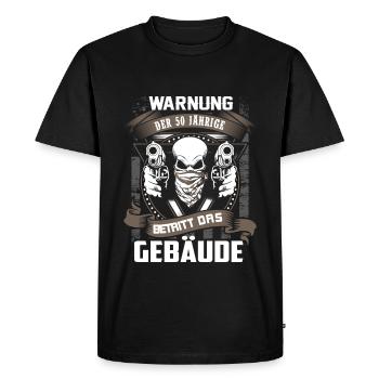 -50 ans, entrant dans le bâtiment - mise en garde - T-shirt Premium bio Homme - noir - Devant - Nico (187cm)