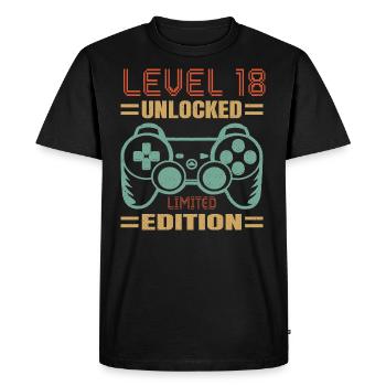 Anniversaire Niveau 18 Débloqué - T-shirt Premium bio Homme - noir - Devant - Nico (187cm)