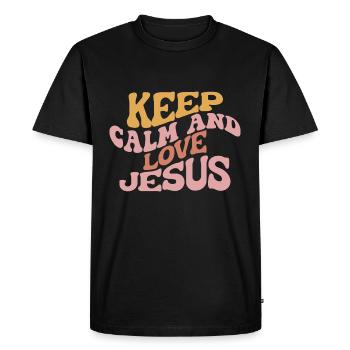 Restez calme et aimez Jésus - T-shirt Premium bio Homme - noir - Devant - Nico (187cm)