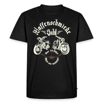 Simson - Waffenschmiede Suhl - Ostalgie - DDR - Männer Premium Bio T-Shirt - Schwarz - Vorne - Nico (187cm)