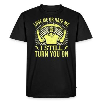 Drôle d’électricien haute tension disant électricité - T-shirt Premium bio Homme - noir - Devant - Nico (187cm)