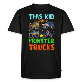 Ce gamin adore les camions monstres - T-shirt Premium bio Homme - noir - Devant - Nico (187cm)