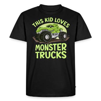 Ce gamin adore les camions monstres - T-shirt Premium bio Homme - noir - Devant - Nico (187cm)