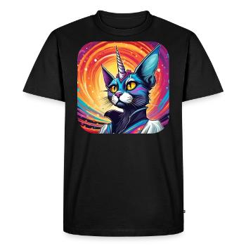 Psychedelic Motif Unicorn Cat - Men's Premium Organic T-Shirt - black - Front - Nico (187cm)