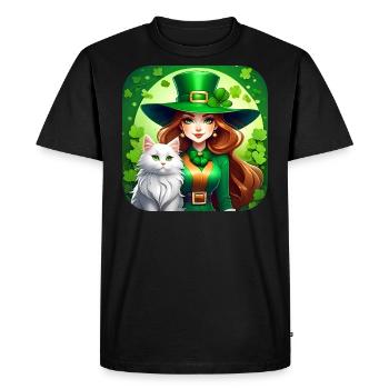 Leprechaun de la Saint-Patrick avec chat - T-shirt Premium bio Homme - noir - Devant - Nico (187cm)