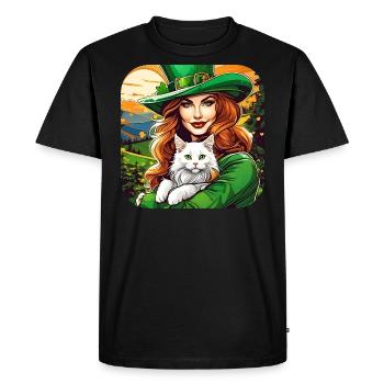 Leprechaun de la Saint-Patrick avec chat - T-shirt Premium bio Homme - noir - Devant - Nico (187cm)