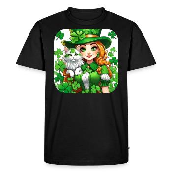 Leprechaun de la Saint-Patrick avec chat - T-shirt Premium bio Homme - noir - Devant - Nico (187cm)