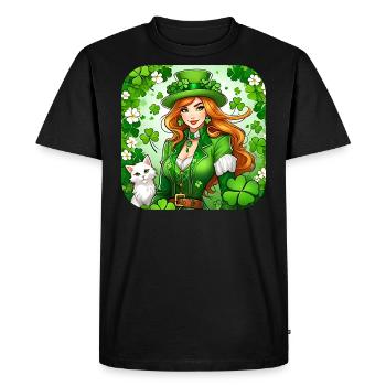 Lutin de la Saint-Patrick avec chat - T-shirt Premium bio Homme - noir - Devant - Nico (187cm)