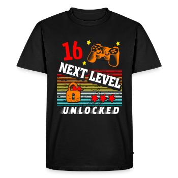 Niveau 16e anniversaire débloqué - T-shirt Premium bio Homme - noir - Devant - Nico (187cm)