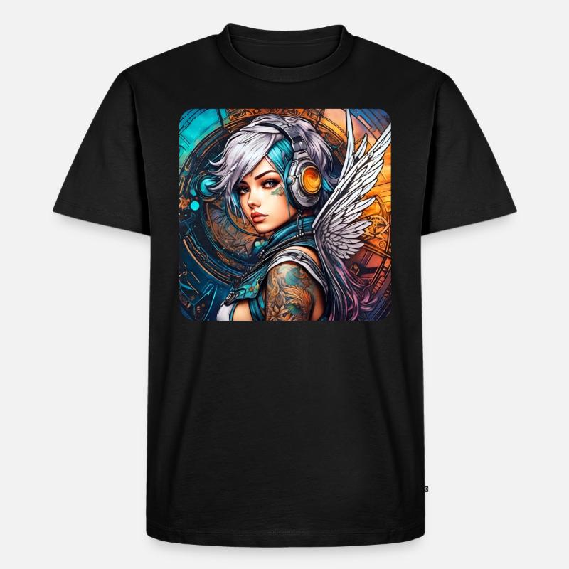 Cooler Cyberpunk Engel mit Kopfhörer - Männer Premium Bio T-Shirt - Schwarz