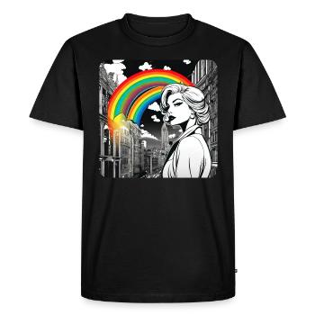 Jolie femme dans la ville avec arc-en-ciel - T-shirt Premium bio Homme - noir - Devant - Nico (187cm)