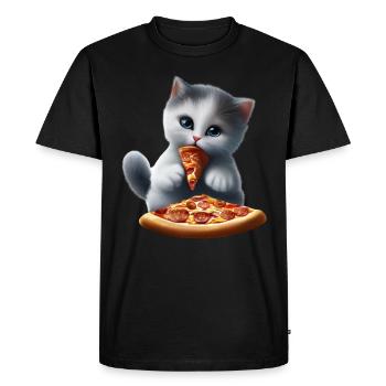 Le chat mange une pizza - T-shirt Premium bio Homme - noir - Devant - Nico (187cm)