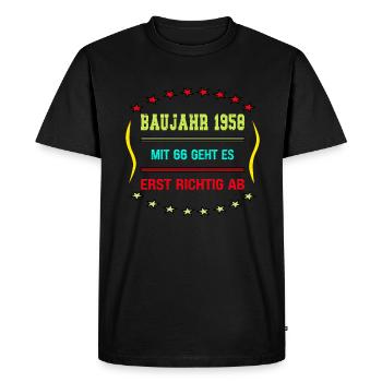Pensionné construit en 1958. Toujours avec nous à 66 ans. - T-shirt Premium bio Homme - noir - Devant - Nico (187cm)