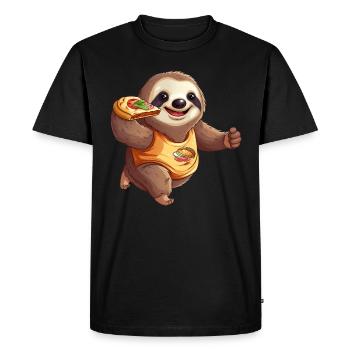 Sloth Marathon Runner, Pizza and Burgers, Fast - Men's Premium Organic T-Shirt - black - Front - Nico (187cm)