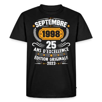 Cadeau anniversaire 25 Ans septembre 1998 Vintage - T-shirt Premium bio Homme - noir - Devant - Nico (187cm)