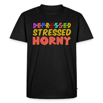 Depressed Stressed Horny - Men's Premium Organic T-Shirt - black - Front - Nico (187cm)