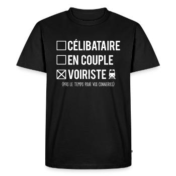 Célibataire en couple voiriste train humour - T-shirt Premium bio Homme - noir - Devant - Nico (187cm)