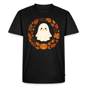 Cute Ghost in Autumn Wreath – Cozy Halloween Design - Men's Premium Organic T-Shirt - black - Front - Nico (187cm)