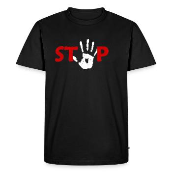 Hand Stop in RED White - Men's Premium Organic T-Shirt - black - Front - Nico (187cm)