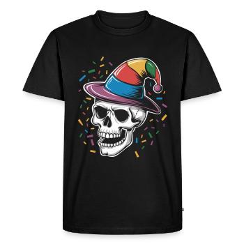 Funny Skull with Fool's Cap and Confetti - Men's Premium Organic T-Shirt - black - Front - Nico (187cm)