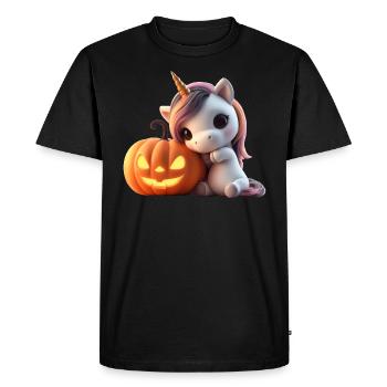 Cute unicorn leaning on pumpkin halloween - Men's Premium Organic T-Shirt - black - Front - Nico (187cm)