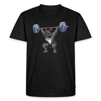 Fitness French Bulldog - Frenchie with barbell - Men's Premium Organic T-Shirt - black - Front - Nico (187cm)