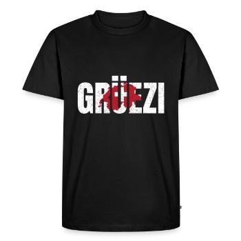 Motif Grüezi avec le drapeau suisse et la carte - T-shirt Premium bio Homme - noir - Devant - Nico (187cm)