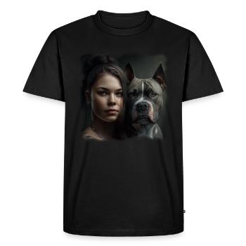 Jeune femme avec chien (American Bulldog) - T-shirt Premium bio Homme - noir - Devant - Nico (187cm)