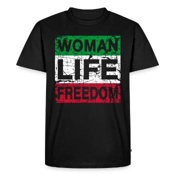 Femme Vie Liberté Iran Drapeau Lever avec la femme - T-shirt Premium bio Homme - noir - Devant - Nico (187cm)