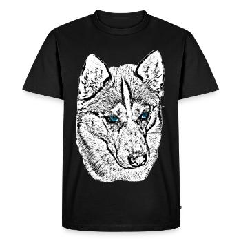 Tête de loup dessinant des yeux bleus - T-shirt Premium bio Homme - noir - Devant - Nico (187cm)