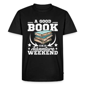 Un bon livre est mon week-end d’aventure - T-shirt Premium bio Homme - noir - Devant - Nico (187cm)