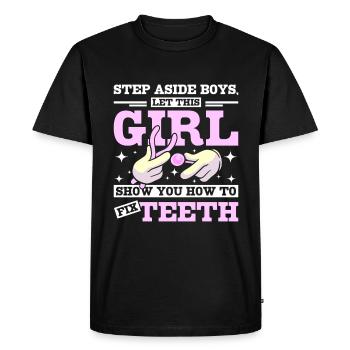 Let this girl show you how to fix teeth - Men's Premium Organic T-Shirt - black - Front - Nico (187cm)