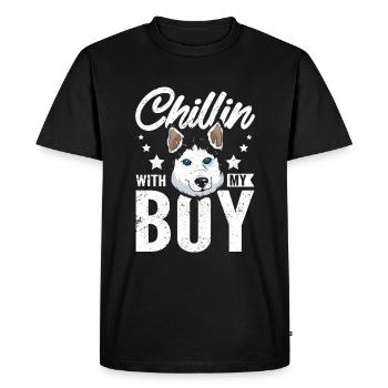 Chillin avec mon garçon, husky sibérien - T-shirt Premium bio Homme - noir - Devant - Nico (187cm)